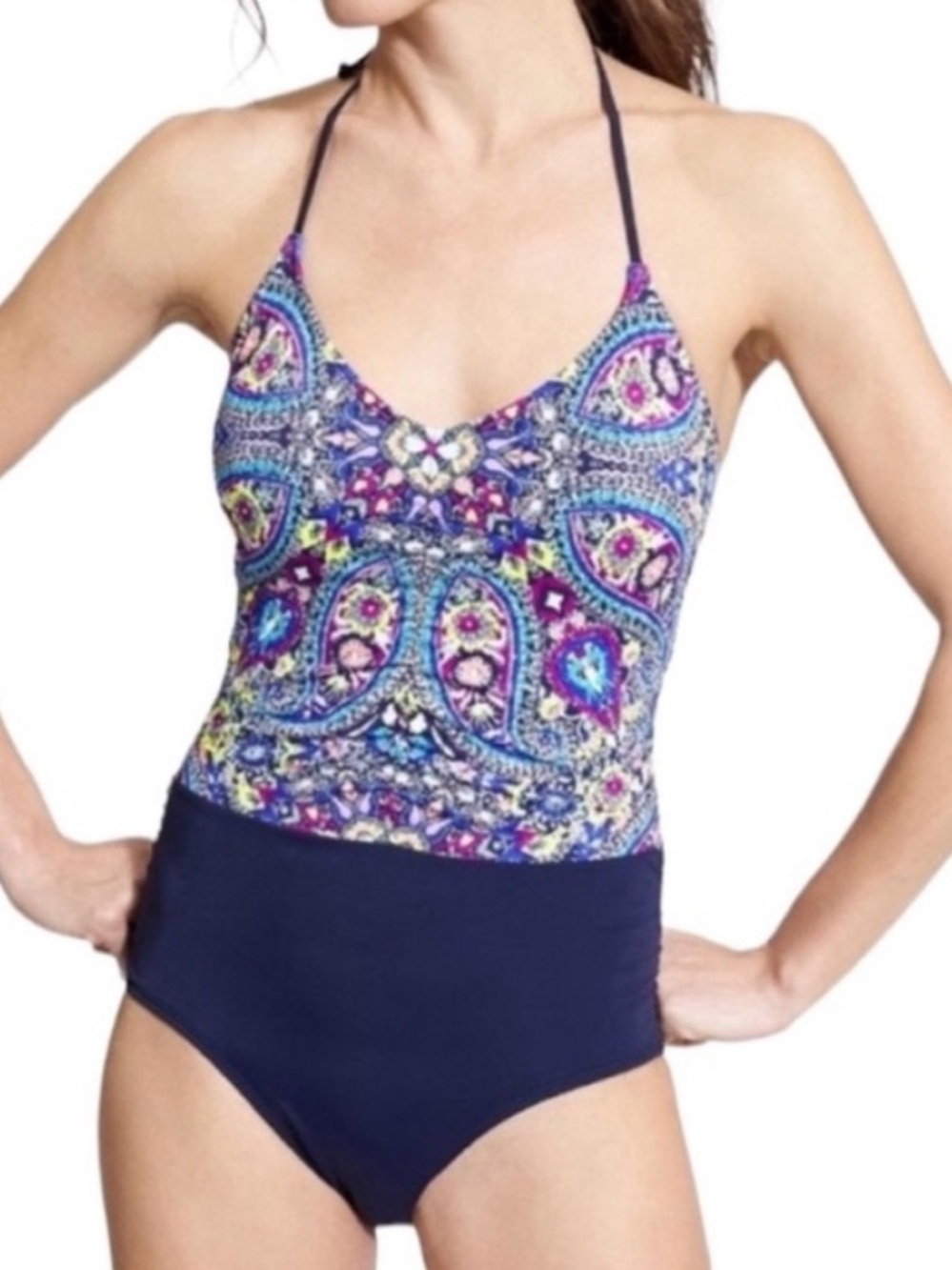 Athleta Paisley Halter One Piece Swim Suit Navy Green Size M